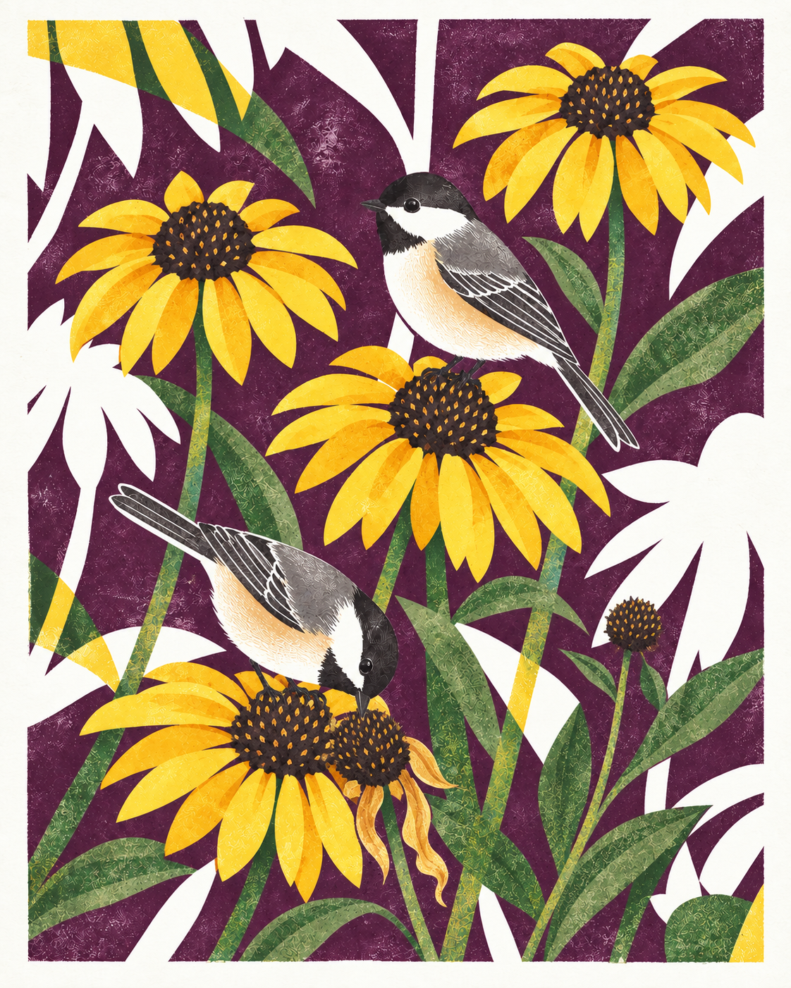 Chickadee artwork in the Backyard Bird Haven plum and golden-yellow palette