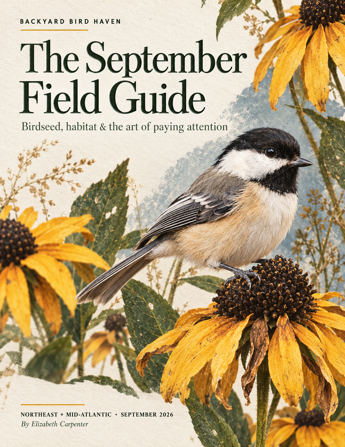 Cover of the September field guide, with chickadees and golden flowers